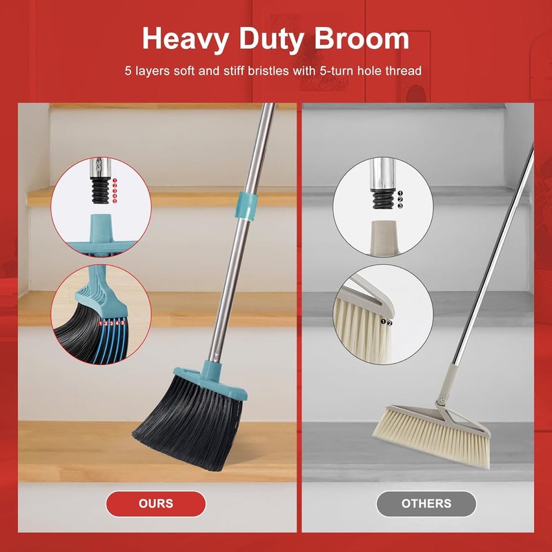 Tiumso Upgrade Broom and Dustpan Set, Broom with Dustpan Combo Sets, Large Brooms and Dust Pan with Handle, Self-Cleaning Dust Pans, Heavy Duty Broom and Dustpans Set for Lobby Kitchen Office - Green - Image 5